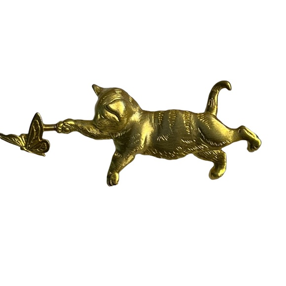 J Jonette Kitty Cat Butterfly Brooch Gold-toned pin 2 3/4” - Picture 2 of 10